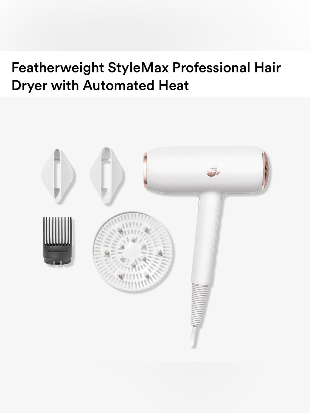 T3 White Hair Dryer with Rose Gold Trim and White Accessories
